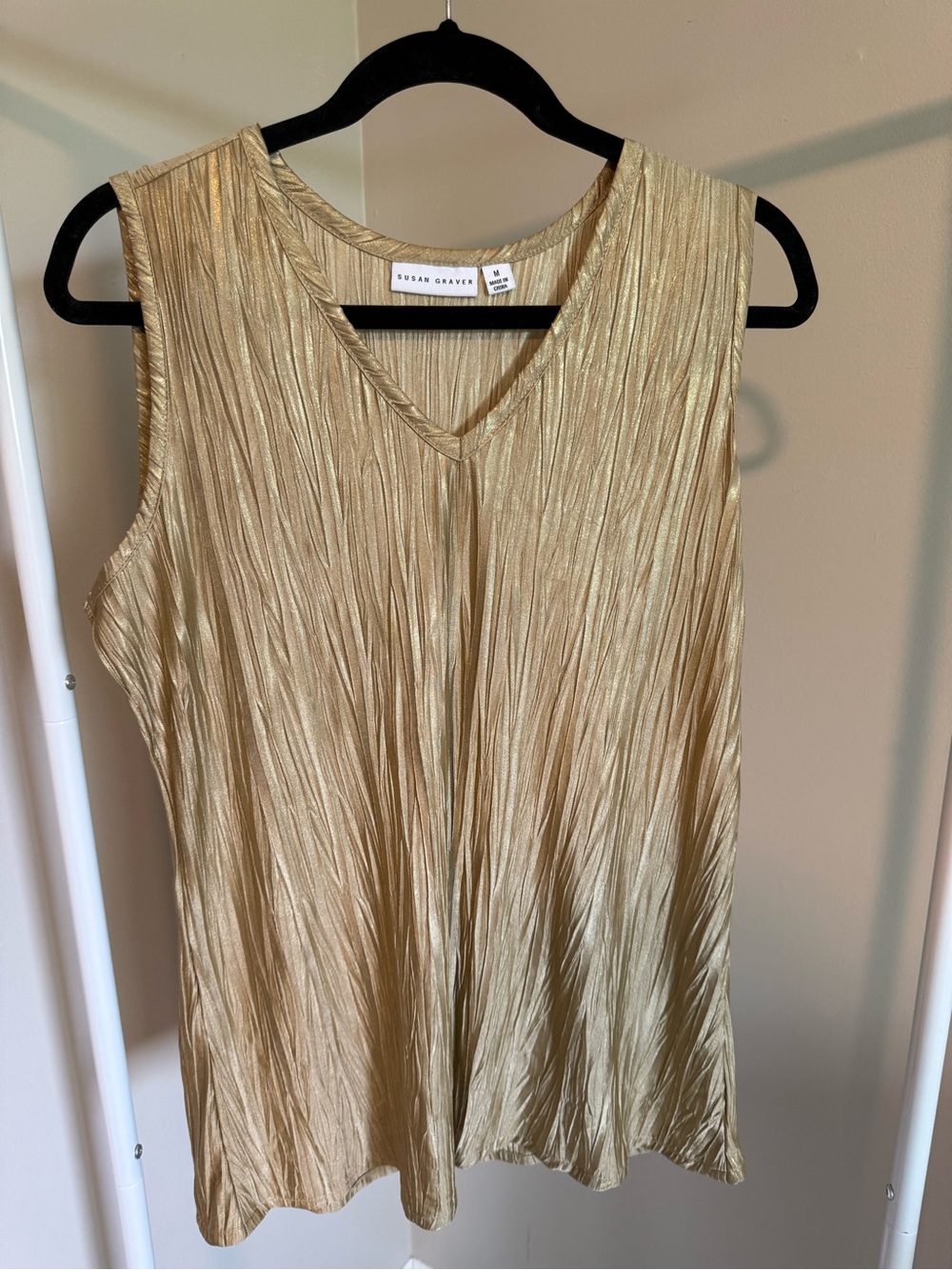 Susan Graver Metallic Pleated V-Neck Tank - Gold - Picture 2 of 7